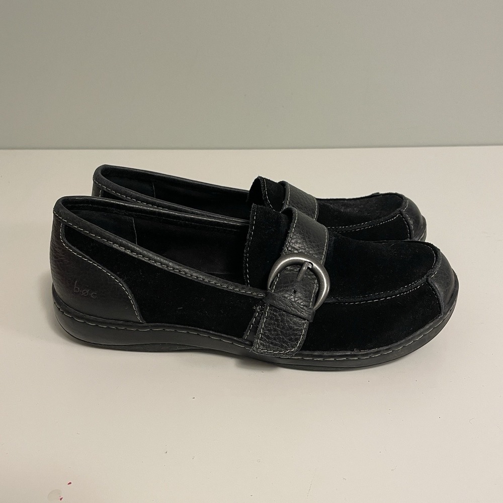 Born b.o.c Womens Erna Loafers Size 7M Black Suede‎ Slip On Flat Shoes Buckles
